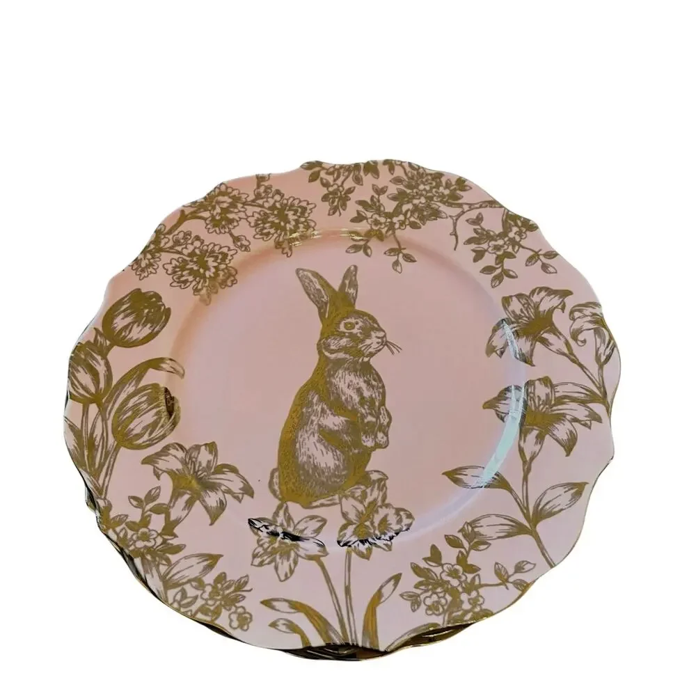 222 Fifth Pink Gold Bunny Hill 10.75” Porcelain Dinner Plates Easter Set/4 New